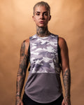 Women’s purple camo sleeveless gym tank, featuring a white Lyftlyfe logo and moisture-wicking technology.