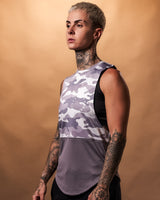 Left side view of the Women’s Command Cut Sleeve in purple camo, showcasing the lightweight, breathable fabric and ergonomic fit.