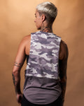 Back view of the women’s camo sleeveless tank top in purple, featuring antibacterial and sweat-wicking properties for optimal comfort.