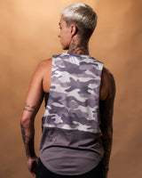 Back view of the women’s camo sleeveless tank top in purple, featuring antibacterial and sweat-wicking properties for optimal comfort.