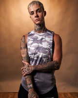 Women’s Command Cut Sleeve in purple camo, showcasing the lightweight, breathable fabric and ergonomic fit.