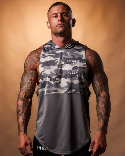 Men’s Command Sleeveless Hoodie in black camo, designed with anti-odor, and sweat-wicking fabric and a white LYFTLYFE logo on the left chest.