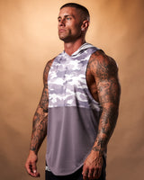 Left side view of Command Sleeveless Hoodie tank in purple camo, crafted from a triple-blend fabric with breathable technology.