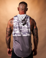Back view of Command Sleeveless Hoodie tank in purple camo, crafted from a triple-blend fabric with breathable technology.