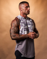 Right side view of Command Sleeveless Hoodie tank in purple camo, crafted from a triple-blend fabric with breathable technology.