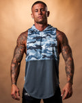 Men's Command Sleeveless Hoodie tank in blue camo, crafted from a triple-blend fabric with breathable technology.