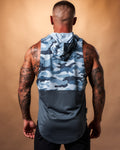 Back view of Men’s blue camo sleeveless gym hoodie with moisture-wicking fabric and a lightweight hood for comfort.
