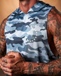 Detailed shot of the Lyftlyfe branding on the blue camo sleeveless hoodie, positioned on the upper left chest.