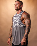 Left side view of men's black camo sleeveless shirt, featuring antibacterial and sweat-wicking properties for optimal comfort.