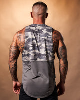 Back view of men's camo sleeveless tank in black, highlighting its breathable material and ergonomic scoop hem.