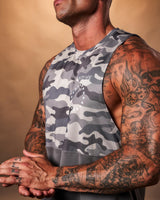 Close-up of the white Lyftlyfe logo on the left chest of the Men’s Command sleeveless tank top in black camo. 