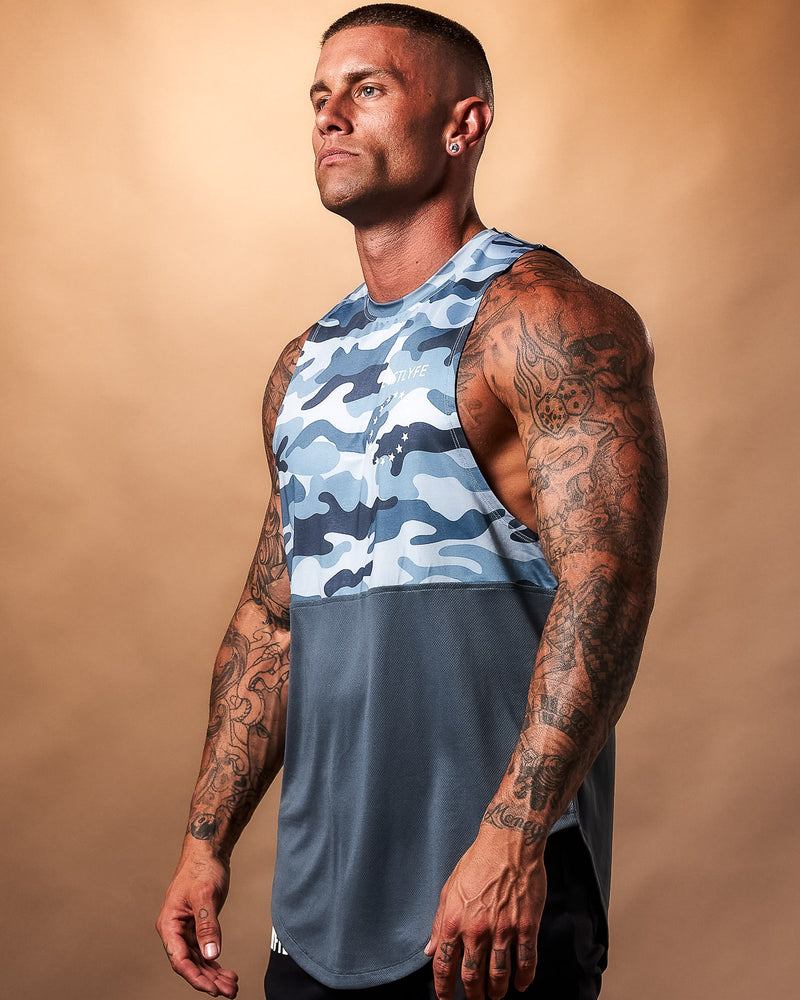 Mens Blue Tank top in two panels. Top is a Blue Camo and bottom is plain blue. 