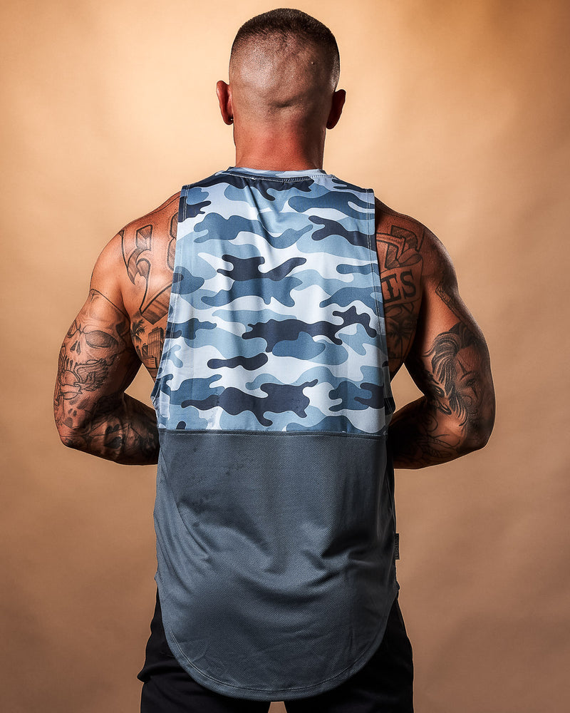 Mens Blue Tank top in two panels. Top is a Blue Camo and bottom is plain blue. 