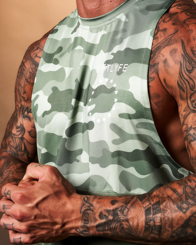 Men's tank top in Green. Camo at the top half and green at the bottom.
