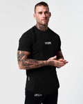 Men’s fitted t-shirt in black, shown from the right side, designed for comfort, movement, and moisture-wicking performance.