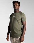 Left side view of Men’s Contour T-Shirt in green, featuring a fitted design, soft crew neckline, and white LYFTLYFE logo on chest.