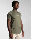 Right side view of Men’s Contour T-Shirt in green, featuring a fitted design, soft crew neckline, and white LYFTLYFE logo on chest.