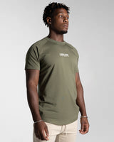 Right side view of Men’s Contour T-Shirt in green, featuring a fitted design, soft crew neckline, and white LYFTLYFE logo on chest.