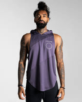 Men’s Dominance Sleeveless Hoodie in purple, highlighting its athletic fit and premium performance fabric.