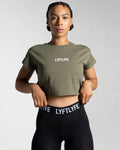 Women’s cropped Drill Tee in olive green, soft crew neckline and premium cover-stitching.