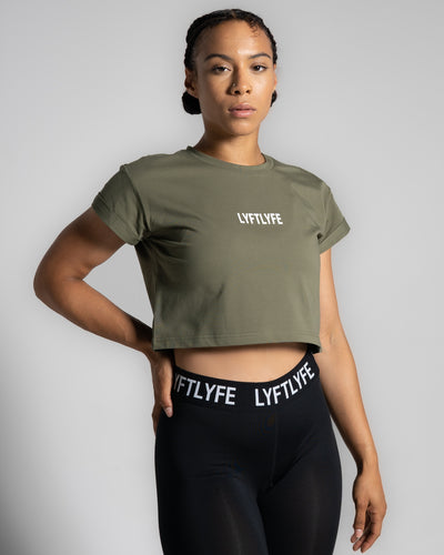Women’s cropped Drill Tee in olive green, soft crew neckline and premium cover-stitching.