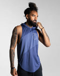 Right side view of the blue sleeveless hoodie, highlighting its breathable material and ergonomic scoop hem.