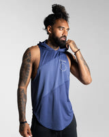Right side view of the blue sleeveless hoodie, highlighting its breathable material and ergonomic scoop hem.