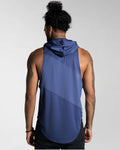 Back angle of the blue sleeveless hoodie, highlighting its breathable material and ergonomic scoop hem.