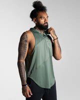 Right side view of the Men’s Dominance Sleeveless Hoodie tank in green, showcasing its hood, streamlined fit, and performance fabric.