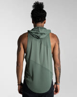 Back view of the Men’s Dominance Sleeveless Hoodie tank in green, showcasing its hood, streamlined fit, and performance fabric.