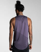 Men’s sleeveless gym tank in purple, shown from the back, highlighting moisture-wicking fabric for breathability.