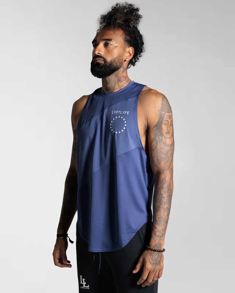 Mens sleeveless tank in a deep blue color.