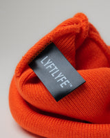 Interior view of LYFTLYFE beanie showing woven brand label.