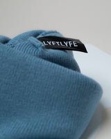 LYFTLYFE logo tag sewn into blue fleece-lined toque.