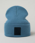 Front-facing blue LYFTLYFE beanie standing upright with bold 3D patch.