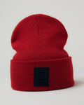 Front-facing maroon LYFTLYFE beanie standing upright with bold 3D patch.