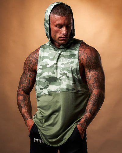 Mens sleeveless hoodie in military camo. 