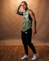 Side view of the Women’s Command Cut Sleeve in green camo, showcasing the lightweight, breathable fabric and ergonomic fit