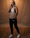 Women’s Command Sleeveless Hoodie in brown camo, highlighting the white LYFTLYFE logo and relaxed hood design.
