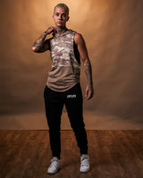 Women’s gym sleeveless hoodie in brown camo, crafted for comfort, breathability, and freedom of motion during workouts.