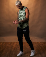 Lyftlyfe Women’s Sleeveless Hoodie in green camo, designed with a white LYFTLYFE logo and a soft, lightweight hood.