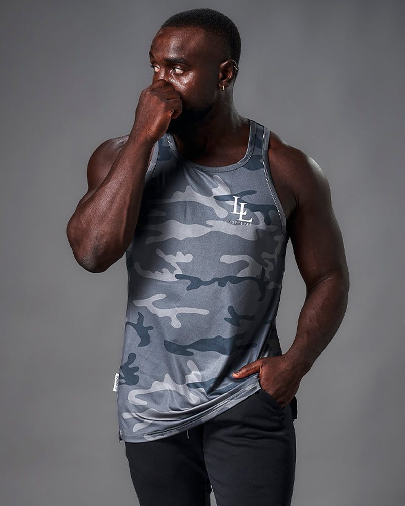 Mens tank top in blue camo with a white logo. 