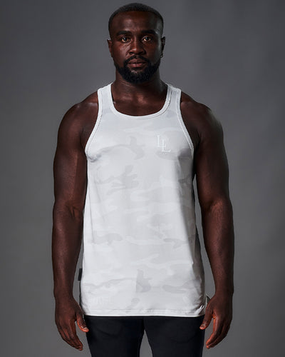 Mens tank top in muted white camo color.