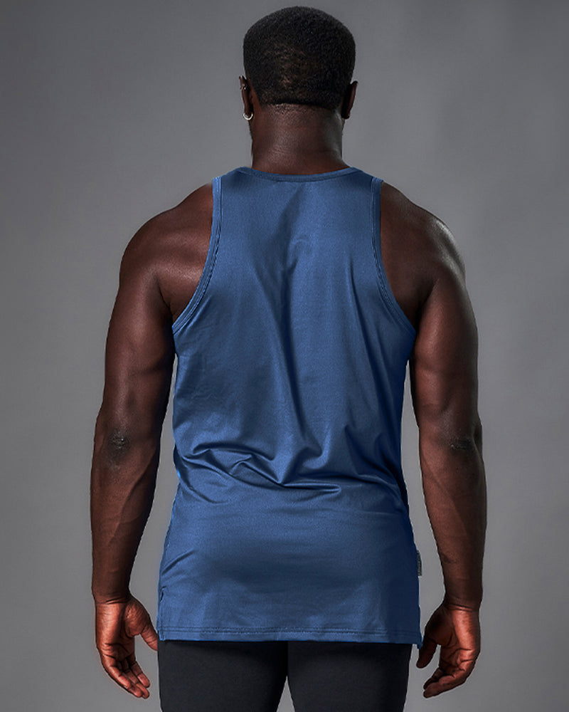 Mens tank top in blue. Rubberized white logo in the middle of the chest. 
