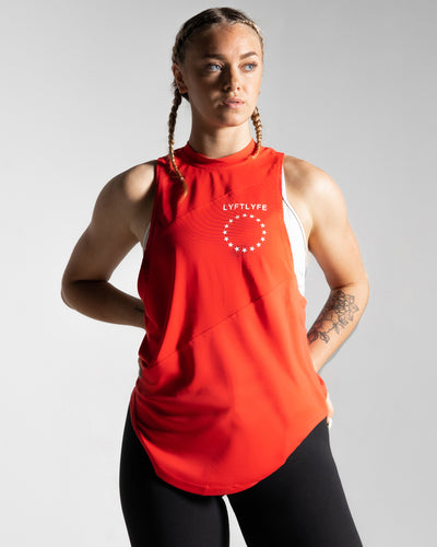 Red sleeveless shirt with 'LYFTLYFE' logo on a gray background