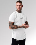Side profile of the Contour Men’s T-Shirt in white, highlighting its athletic fit, breathable fabric, and high-quality stitching.