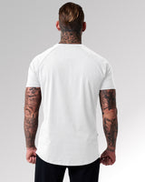 Back view of Contour Men’s T-Shirt in white, highlighting its athletic fit, breathable fabric, and high-quality stitching.