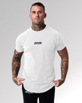 High-performance Contour Men’s Tee in white, designed with wrinkle-resistant fabric and a breathable, fitted silhouette.