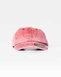 Front view of LYFTLYFE cherry red acid wash dad hat with curved bill and front logo embroidery.