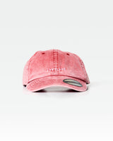 Front view of LYFTLYFE cherry red acid wash dad hat with curved bill and front logo embroidery.